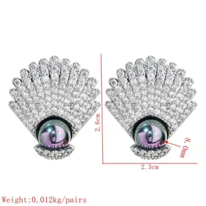 Detailed view of shell pearl zircon earrings with dimension measurements for women jewelry.