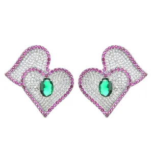Western Fashion Elegant Heart Shape AAA Zirconia Stud Earrings For Women Colorful Asymmetric Crystal Brass Earrings Wedding Party Jewelry