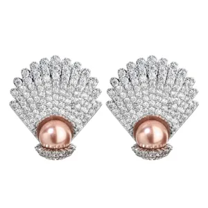 Korean Style Elegant Shell Artificial Pearl Rhinestone Stud Earrings For Women Sweet Romantic Copper Plated Shell Earrings Jewelry