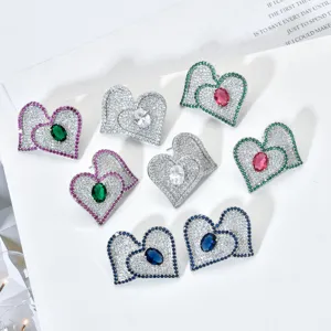Double heart cubic zirconia earrings, elegant multi-color crystal studs for women party