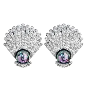Stunning shell-shaped pearl and cubic zirconia stud earrings for women and girls daily wear.