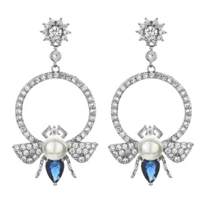 Elegant bee pearl zircon long earrings detail view showcasing sparkling crystal stones.