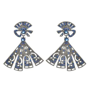 Gunmetal fan-shaped long blue zircon earrings, elegant filigree drop crystal jewelry for women.