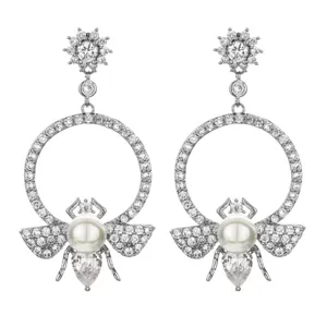 Fashion elegant bee pearl tassel long zircon earrings for women statement jewelry gift