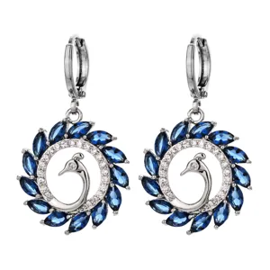 Fashion silver-tone blue cubic zirconia peacock drop earrings for women wedding party jewelry.