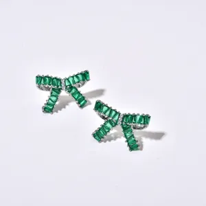 Green baguette zircon bow stud earrings, elegant Korean style jewelry for women parties.