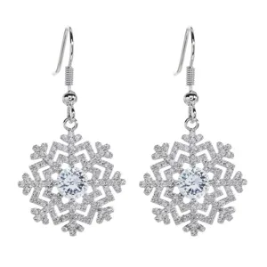 Detailed close-up shot of silver snowflake cubic zirconia drop earrings with sparkling stones.