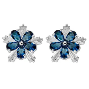 Platinbeschichtete blaue Zirkon Blumen Ohrstecker, eleganter Damenschmuck für den Alltag.