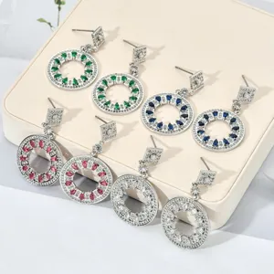 Korean Fashion Elegant Round Rhinestone Drop Earrings For Women Geometric Copper Plated Shiny Jewelry Party Daily Gift Earring