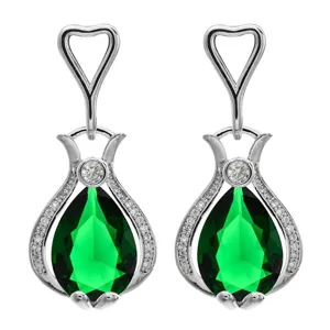 Exquisite vintage teardrop green cubic zirconia drop earrings detail view, elegant silver tone.
