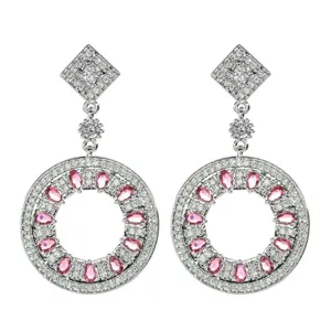 Elegant silver dangle earrings featuring sparkling pink cubic zirconia stones in round hoop design.