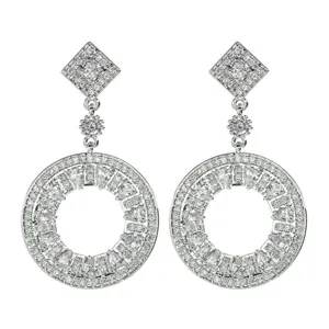 Silver Zircon Drop Earrings Geometric Round Paved Diamond Elegant Women Jewelry Fashion