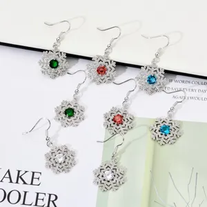 Elegant micro-pave snowflake zircon hook earrings with colorful center stones for women and parties.