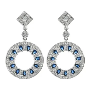 Elegant silver drop earrings featuring sparkling zircon and blue stones for women daily wear.