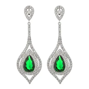 Elegante lange tropfenförmige grüne Zirkonia Ohrringe, glänzender Kristall Modeschmuck.