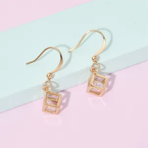Korean style geometric cube cubic zirconia hook earrings for women, sweet wedding party jewelry.