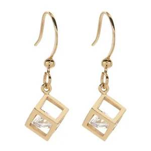 Detailed close-up of gold-plated geometric cube zircon hook earrings with exquisite craftsmanship.