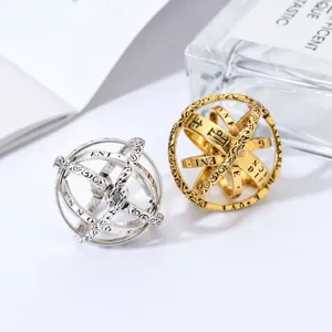 Detail view of vintage brass and silver astronomical sphere ring, intricate engraved band.