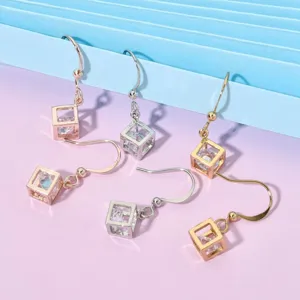 Korean style minimalist cube zircon hook earrings in rose gold, silver and gold finishes.