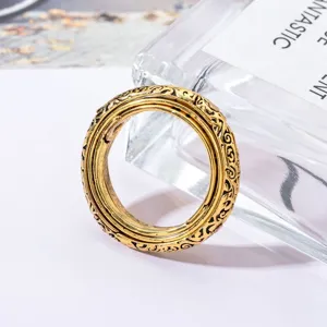 Vintage gold armillary sphere ring close-up view, intricate engraved fashion finger ring.