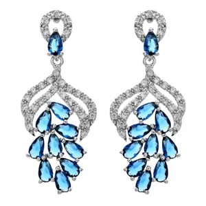 Gedetailleerd uitzicht op elegante lange oorbellen met blauwe druppelstenen en heldere zirkonia.