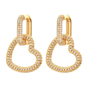Gold Pavé Zirconia Heart Link Earrings Sparkling Fashion Jewelry for Women Daily Wear