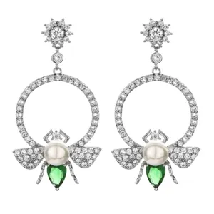 Fashion Copper Bee Pearl Tassel Drop Earrings With 925 Sterling Silver Post Rhinestone Bee Dangle Earrings For Women Wedding Party Jewelry