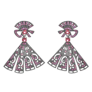 Stunning gunmetal fan-shaped dangle earrings with sparkling pink zirconia crystals for women.