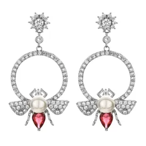 Elegant bee pearl rhinestone long drop earrings fashion crystal jewelry for women gift
