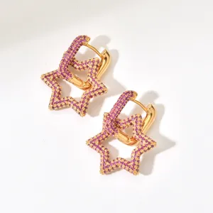 Splendidi orecchini a cerchio a forma di stella dorata con zirconi rosa scintillanti.