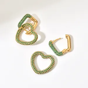 Gold-plated green cubic zirconia heart pave earrings detailed close-up shot for women fashion