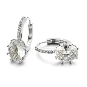 Silver tone oval cubic zirconia crystal hoop earrings for women wedding party bridal daily.