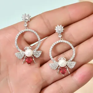 Elegant bee pearl zircon drop earrings, sparkling rhinestone long dangle jewelry.