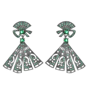 Vintage gunblack plated fan shaped green zircon long tassel earrings for women and girls.