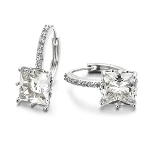 Silver tone square zircon huggie hoop earrings, brilliant cut detail for party wear.