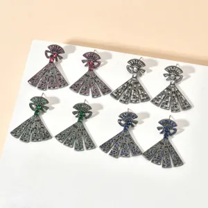 Gunmetal fan shaped long zircon earrings, intricate pave crystal detail, elegant fashion jewelry.