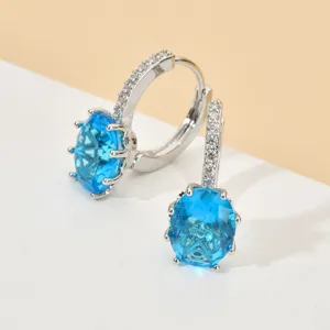 Silver tone oval blue zircon hoop earrings, sparkling crystal dangle jewelry for women.
