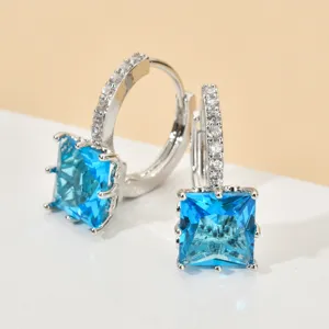 Detailed view of stylish square light blue zircon hoop earrings, perfect for party and wedding jewelry.