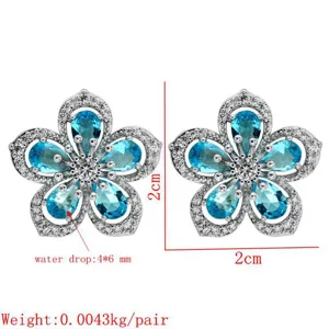 Detailansicht der Zirkonia Ohrringe, 2x2cm Größe, 4x6mm tropfenförmige Steine, Maße.