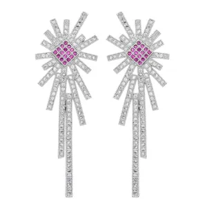 Elegant micro-set cubic zirconia dangle earrings with pink stones. Ideal bridal gift.
