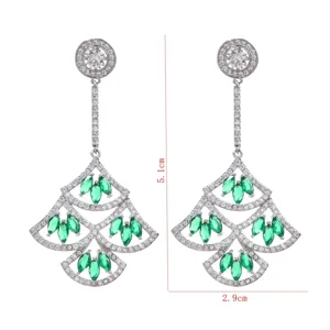 Detailed view of elegant fan-shaped cubic zirconia and green gemstone dangle earrings dimensions.