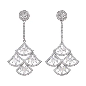 Exquisite multi-tiered fan-shaped zircon drop earrings with elegant long tassel daily style.