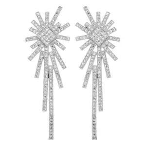 Detailed shot of luxurious micro-pave cubic zirconia long tassel earrings for women.