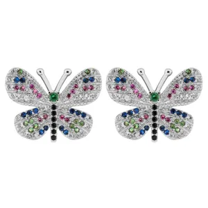 Detailansicht eleganter Schmetterling Ohrringe mit funkelnden bunten Zirkoniasteinen besetzt.