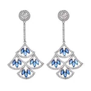 Detailed view of luxury fan-shaped zircon drop earrings featuring blue and white crystal stones.