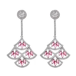 Close-up of elegant fan-shaped drop earrings with shimmering zirconias and pink marquise stones.