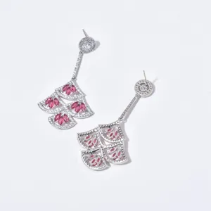 Exquisite long fan-shaped dangle earrings featuring sparkling clear zircon and vibrant red marquise stones.