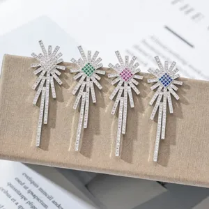Long micro-pave cubic zirconia starburst fringe earrings elegant drop bridal jewelry gift.