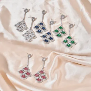 Elegant fan-shaped cubic zirconia long drop earrings, sparkling party jewelry accessories.