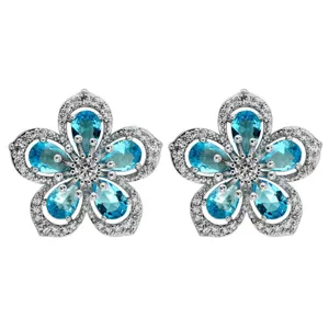 Blaue Zirkon Fünf-Blütenblatt Blume Ohrringe Damen Elegante Silberfarbene Schmuck